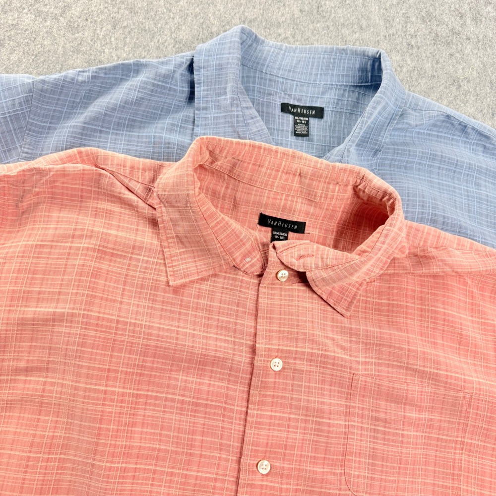 2 Van Heusen Mens Button Down Shirt XXL Short Sleeve Salmon/Blue Textured Grid
